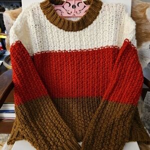 Lush Womens Small Crop Sweater Chunky Knitted Colorful Stripe Oversized -